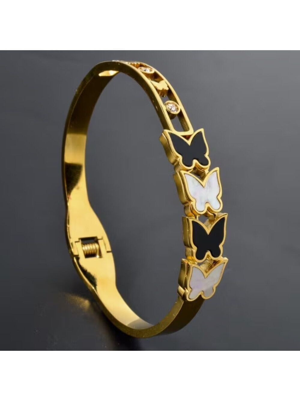 Exquisite Geometric Black and White Butterfly-Accented Stainless Steel Bracelet